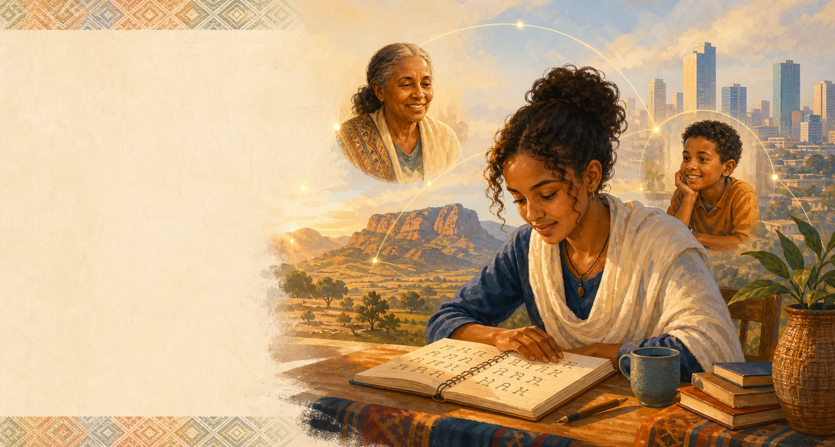 An illustrated Tigrinya learner connected across generations and places